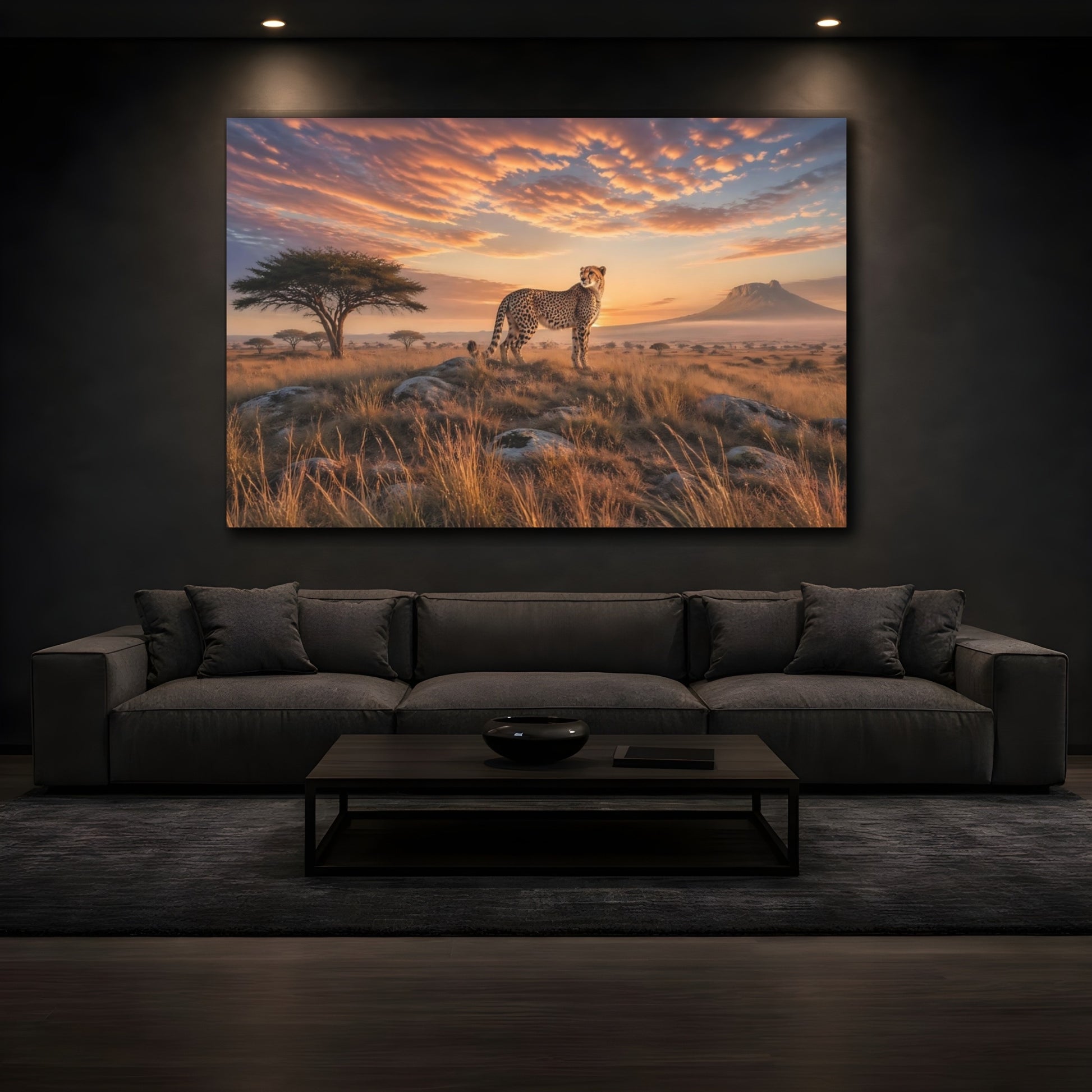 Mockup 4. Nature Cheetah Orange Sunset shown as stretched canvas wall art