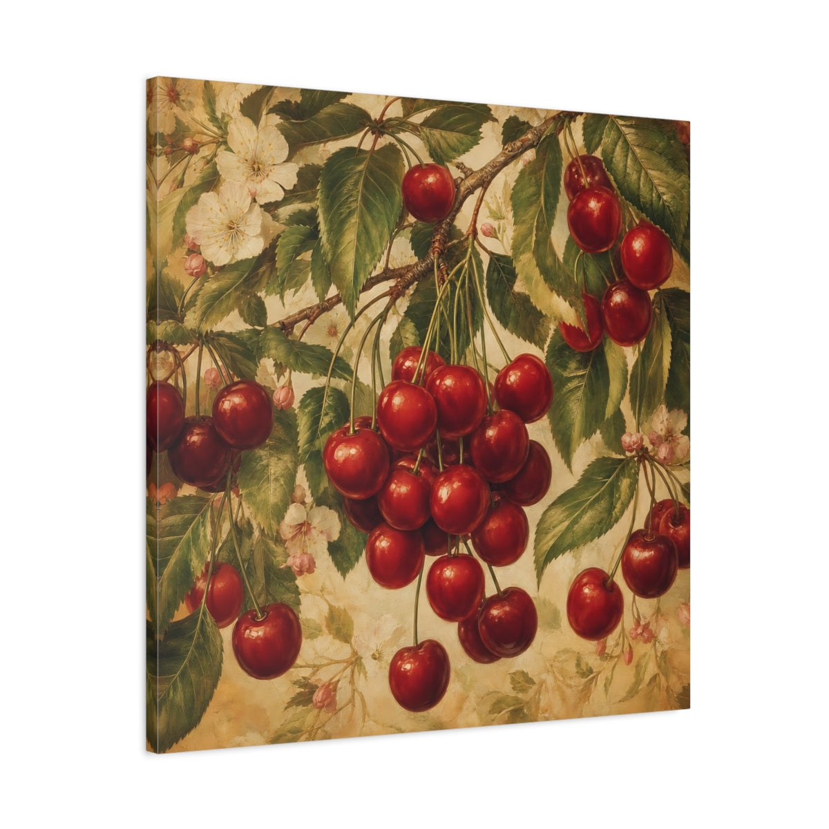 Side Mockup 3. Nature Cherries Red And Green shown as stretched canvas wall art