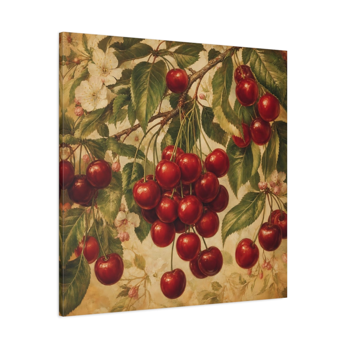 Side Mockup 1. Nature Cherries Red And Green shown as stretched canvas wall art