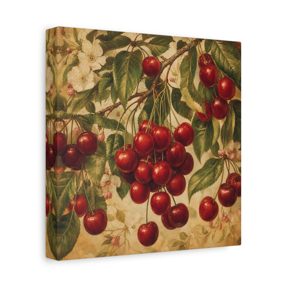 Side Mockup 9. Nature Cherries Red And Green shown as stretched canvas wall art