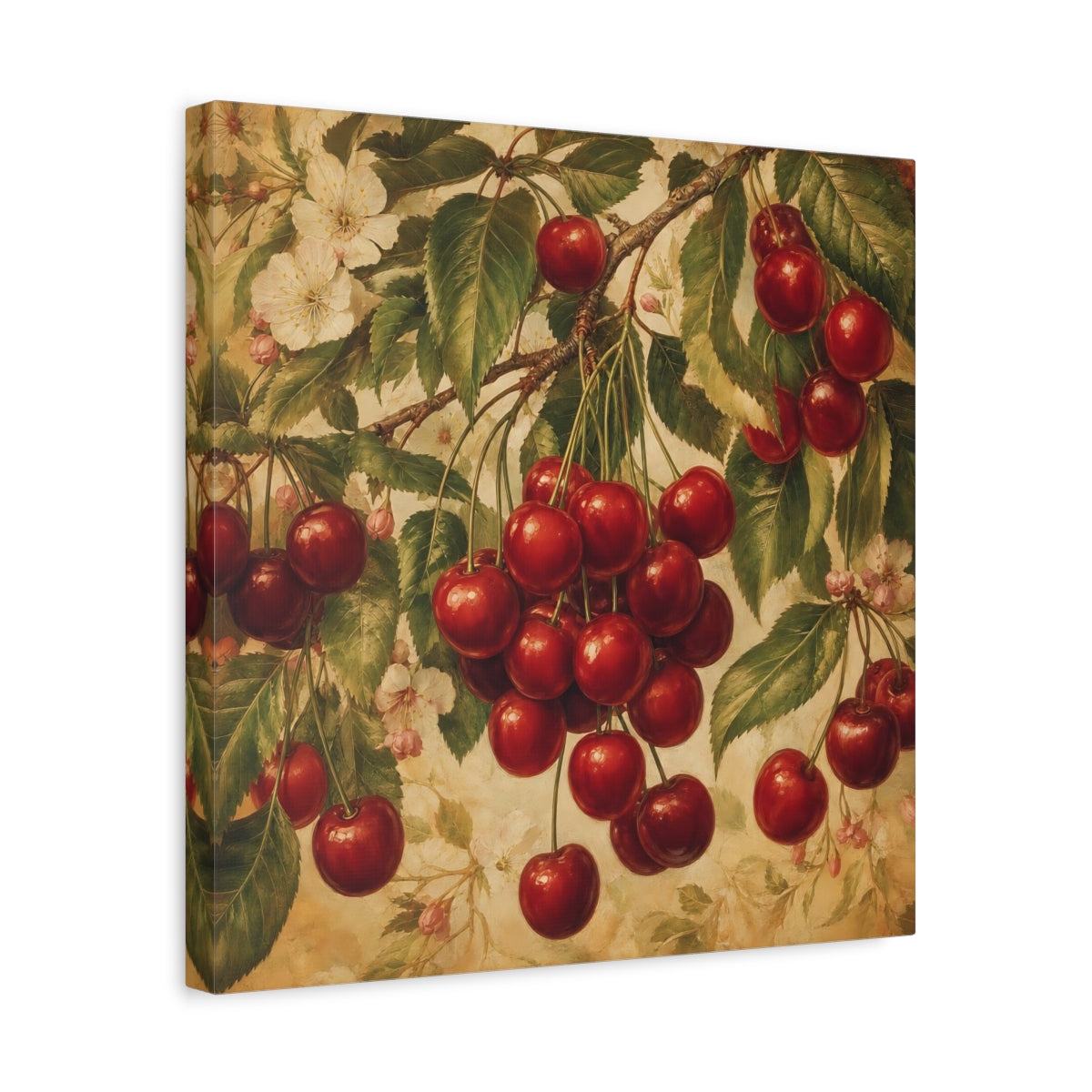 Side Mockup 6. Nature Cherries Red And Green shown as stretched canvas wall art