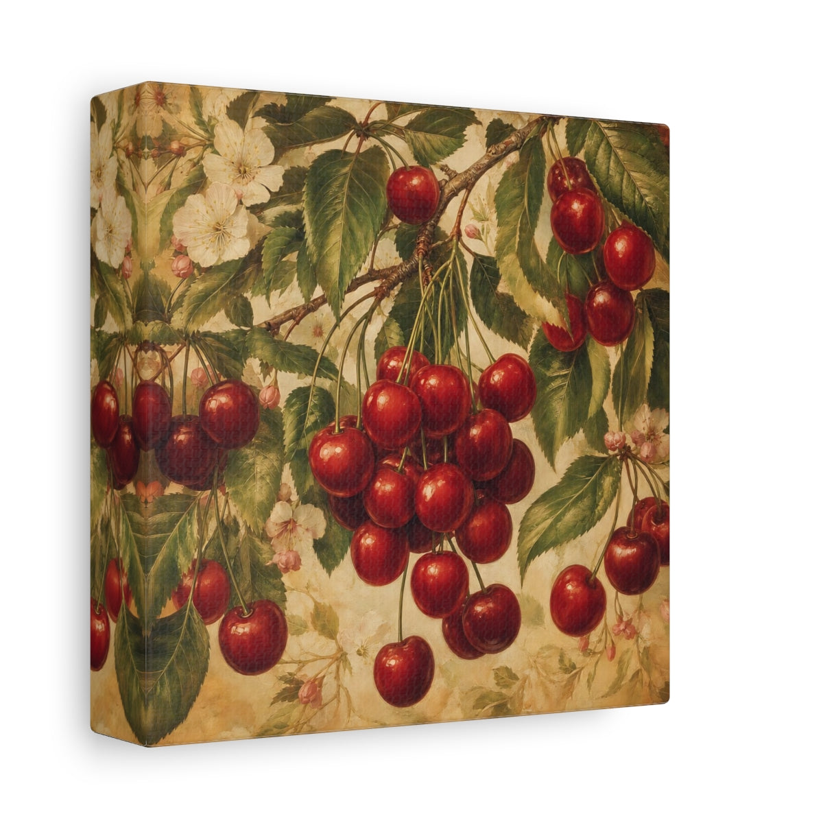 Side Mockup 2. Nature Cherries Red And Green shown as stretched canvas wall art