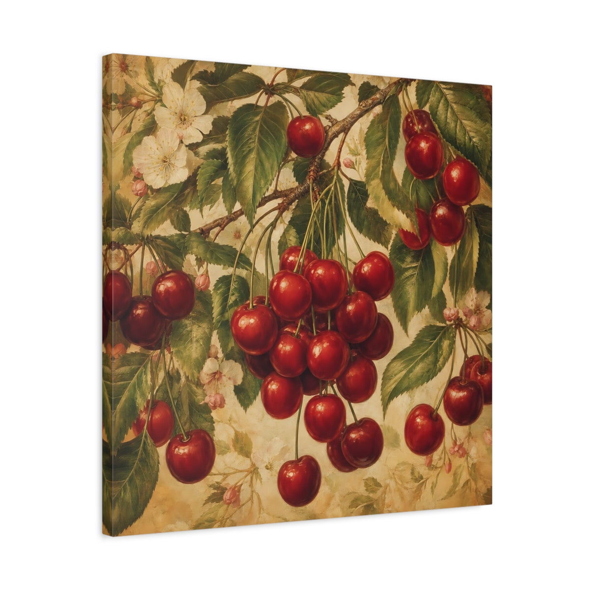 Side Mockup 4. Nature Cherries Red And Green shown as stretched canvas wall art