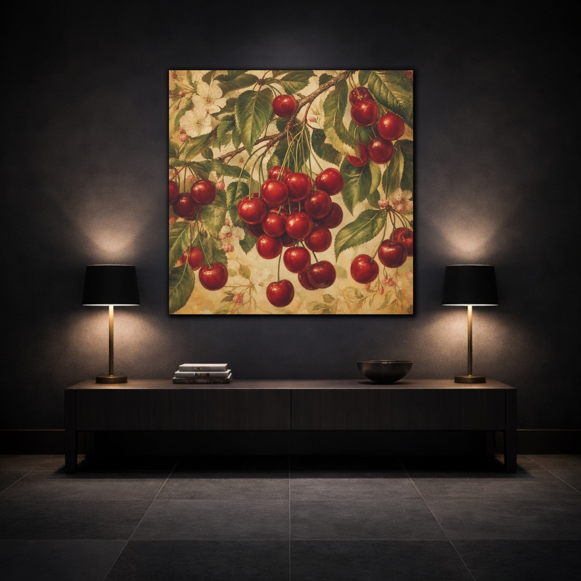 Mockup 3. Nature Cherries Red And Green shown as stretched canvas wall art