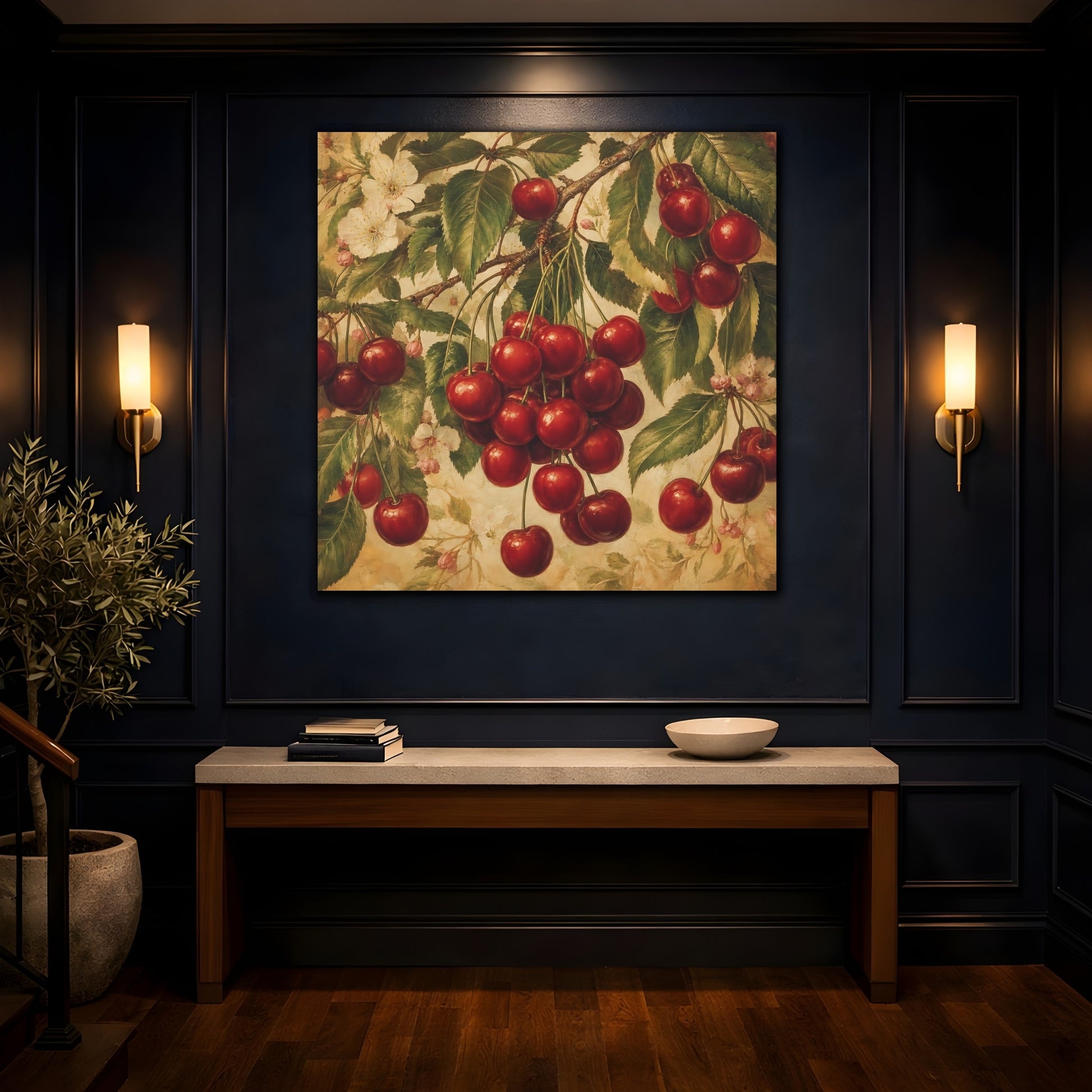 Mockup 4. Nature Cherries Red And Green shown as stretched canvas wall art