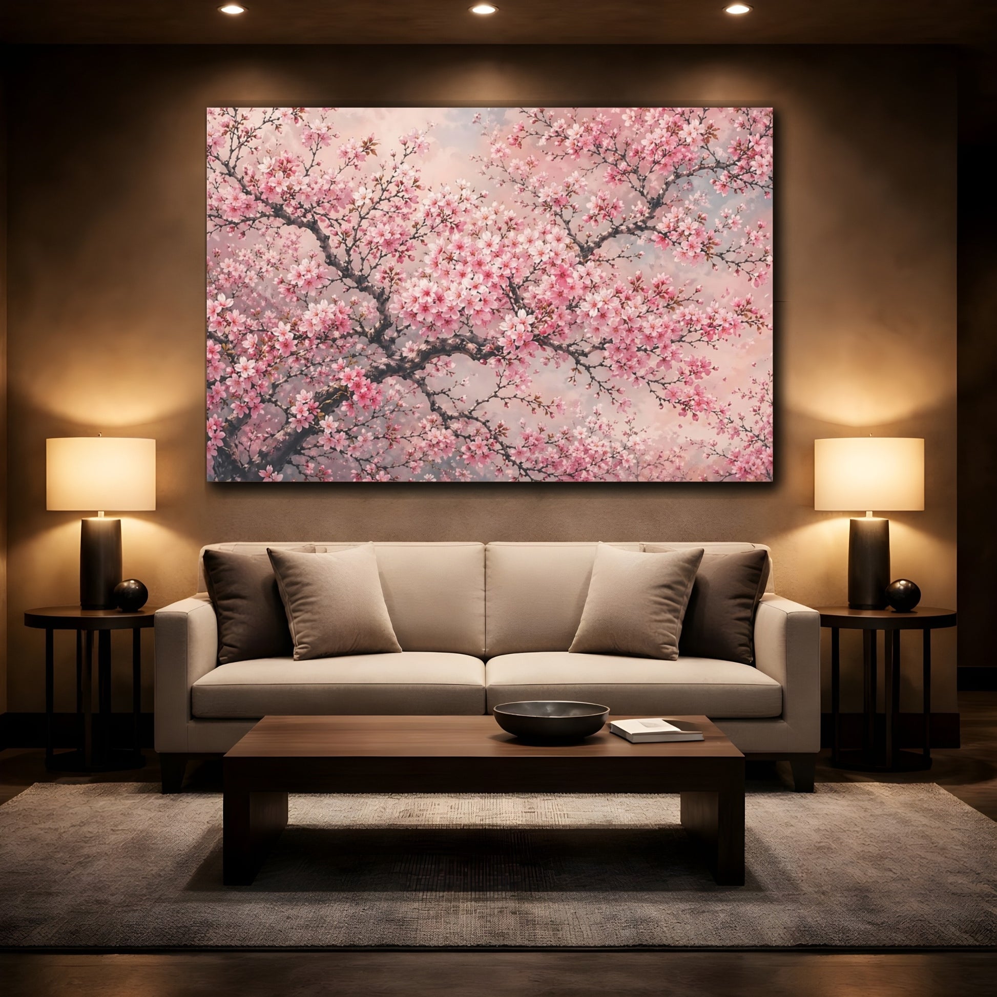Mockup 2. Nature Cherry Blossom Pink Cherry Blossom shown as stretched canvas wall art
