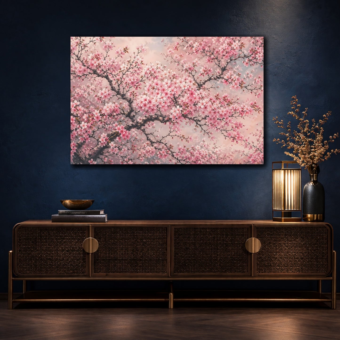 Mockup 4. Nature Cherry Blossom Pink Cherry Blossom shown as stretched canvas wall art