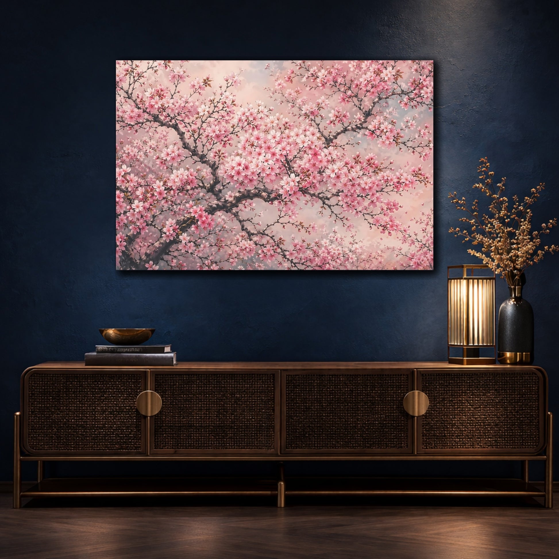 Mockup 4. Nature Cherry Blossom Pink Cherry Blossom shown as stretched canvas wall art