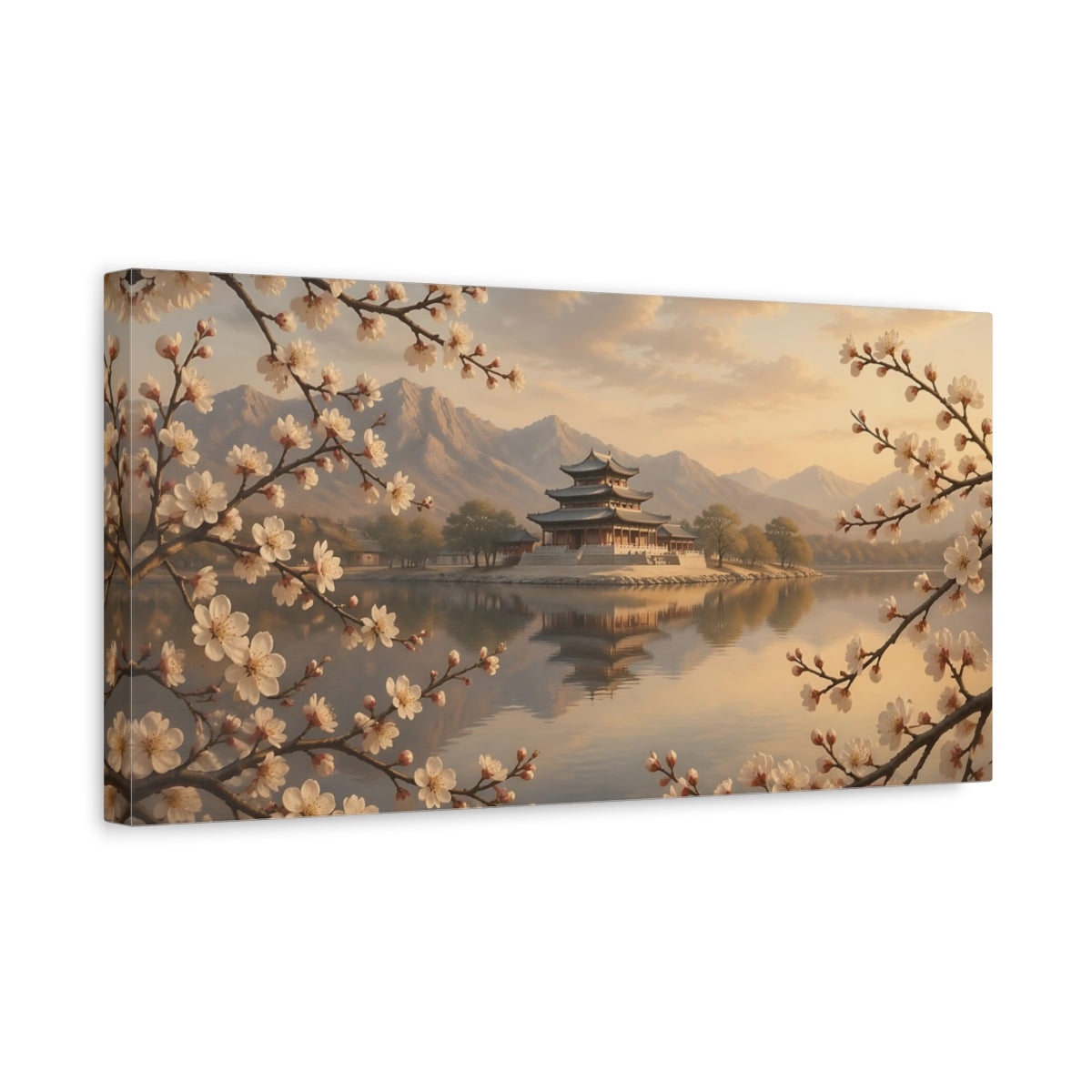 Side Mockup 3. Nature Cherry Blossom Temple Pink And Gold shown as stretched canvas wall art