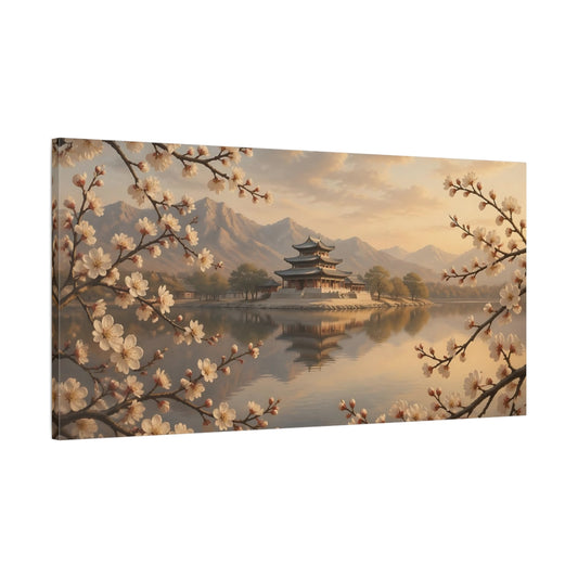 Main Mockup. Nature Cherry Blossom Temple Pink And Gold shown as stretched canvas wall art