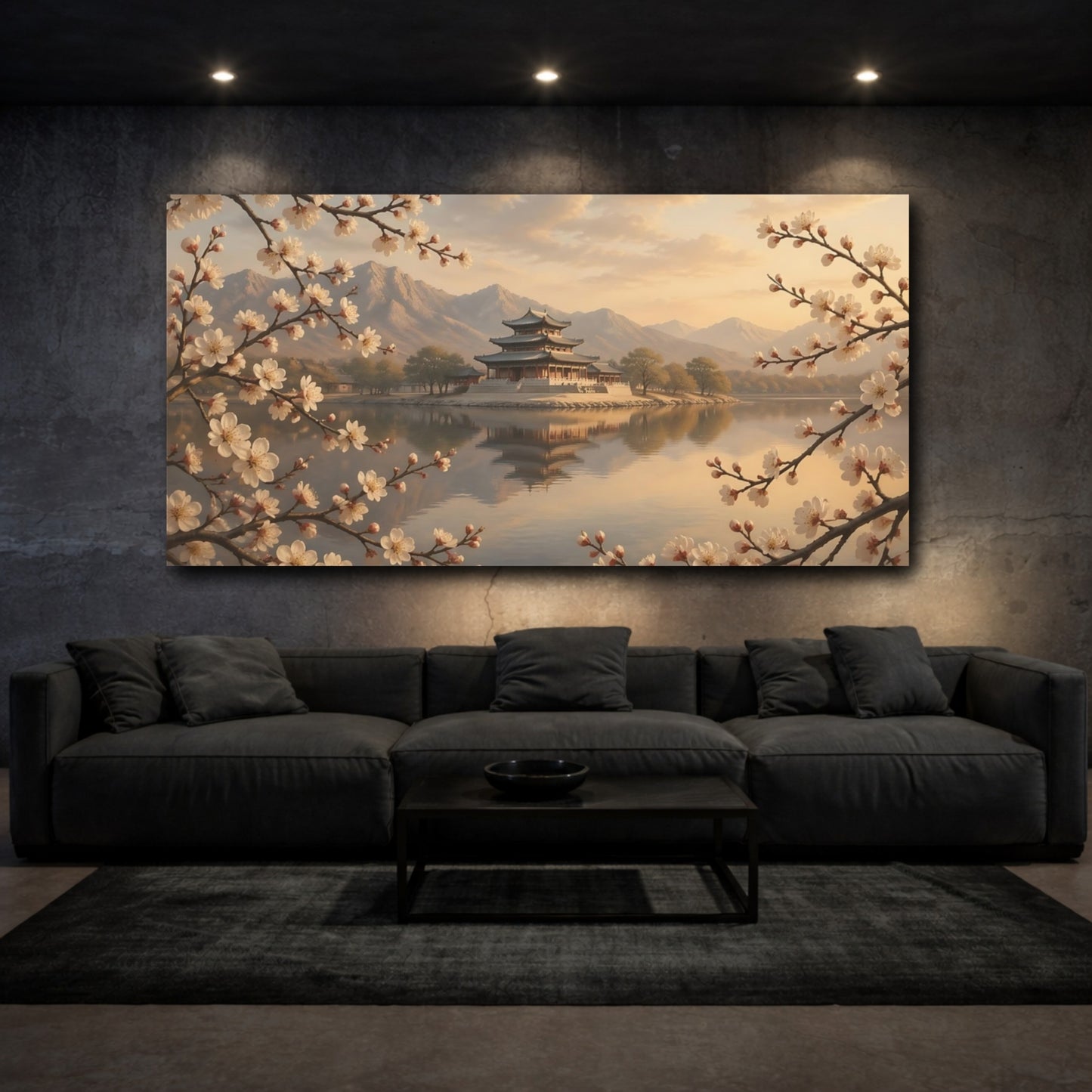 Mockup 2. Nature Cherry Blossom Temple Pink And Gold shown as stretched canvas wall art