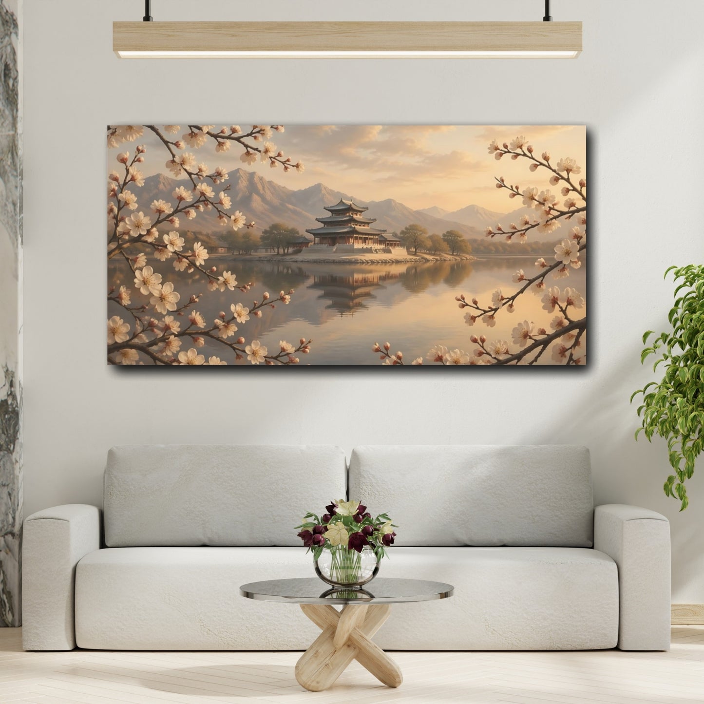 Mockup 3. Nature Cherry Blossom Temple Pink And Gold shown as stretched canvas wall art
