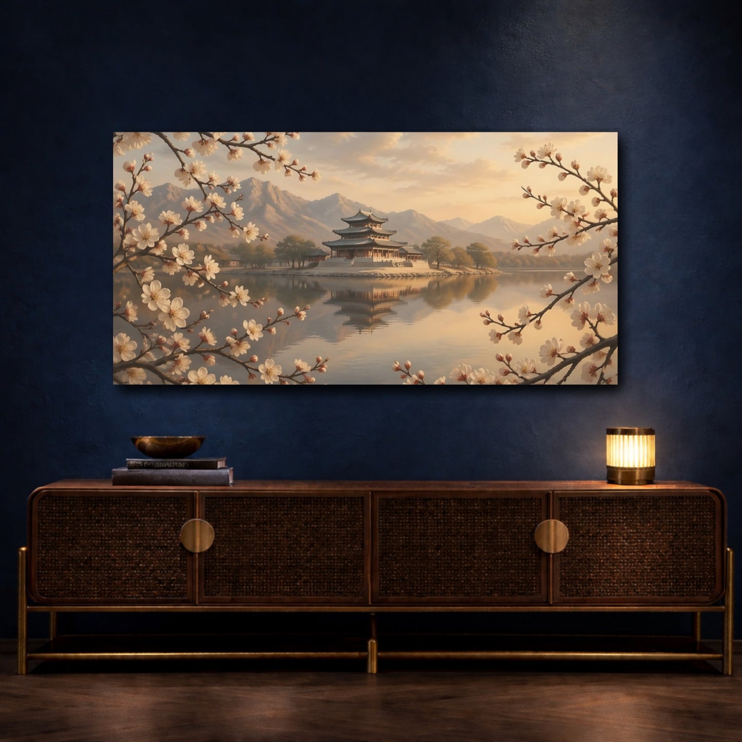 Mockup 4. Nature Cherry Blossom Temple Pink And Gold shown as stretched canvas wall art