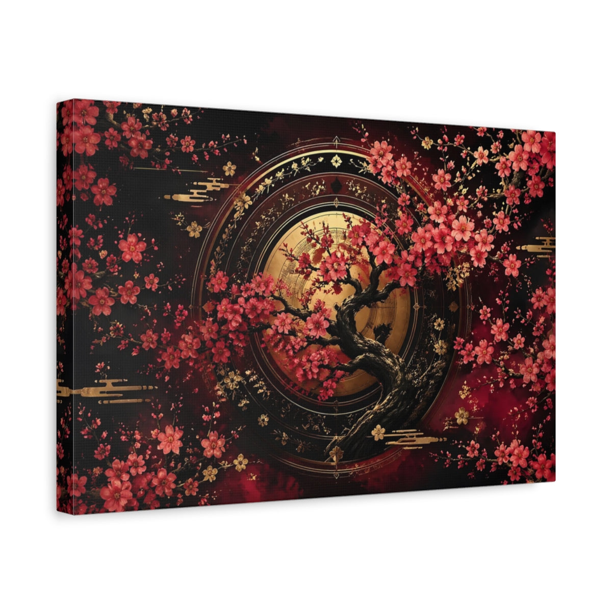 Side Mockup 4. Nature Cherry Blossom Tree Red Gold Floral shown as stretched canvas wall art