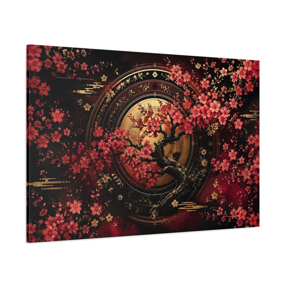 Side Mockup 1. Nature Cherry Blossom Tree Red Gold Floral shown as stretched canvas wall art