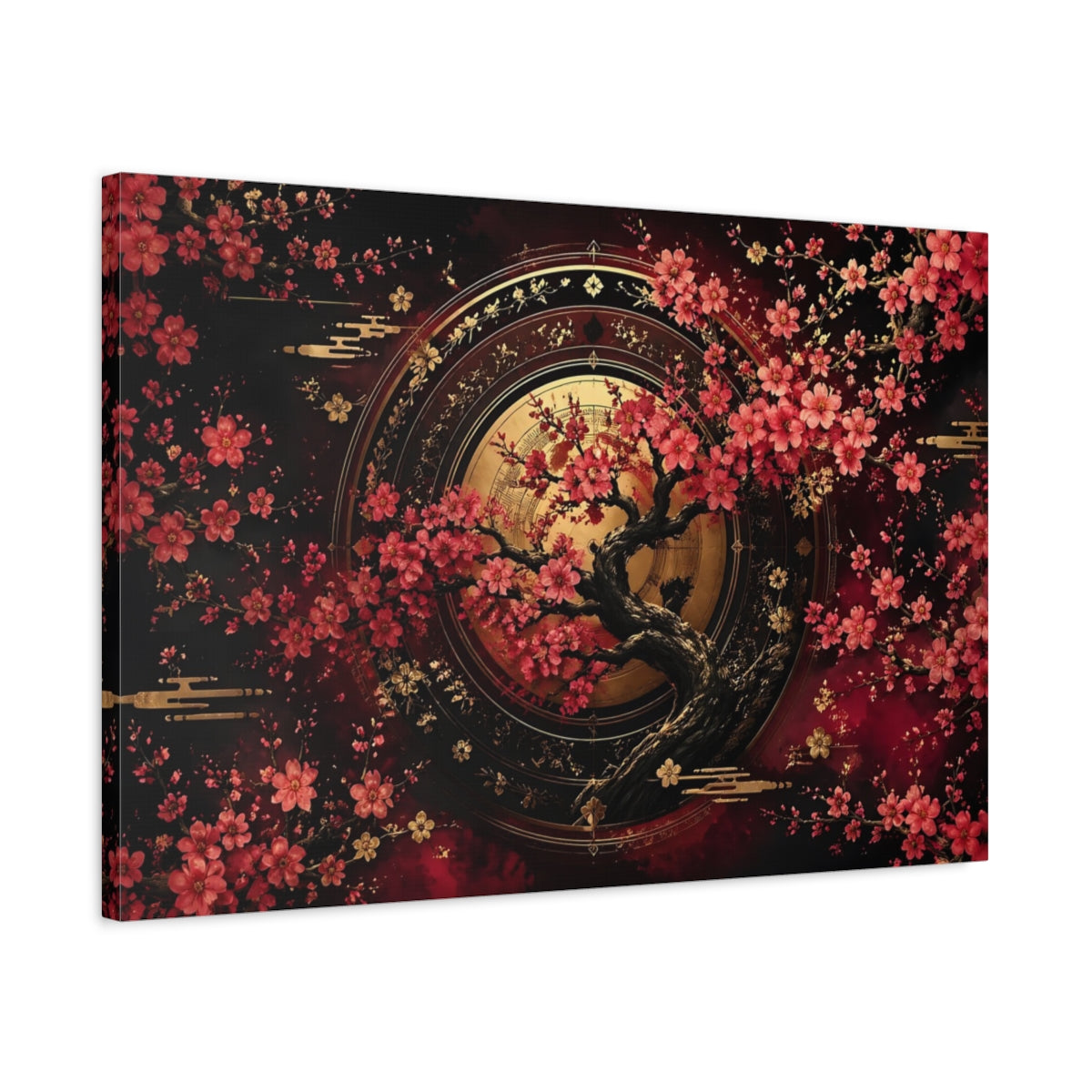 Side Mockup 2. Nature Cherry Blossom Tree Red Gold Floral shown as stretched canvas wall art