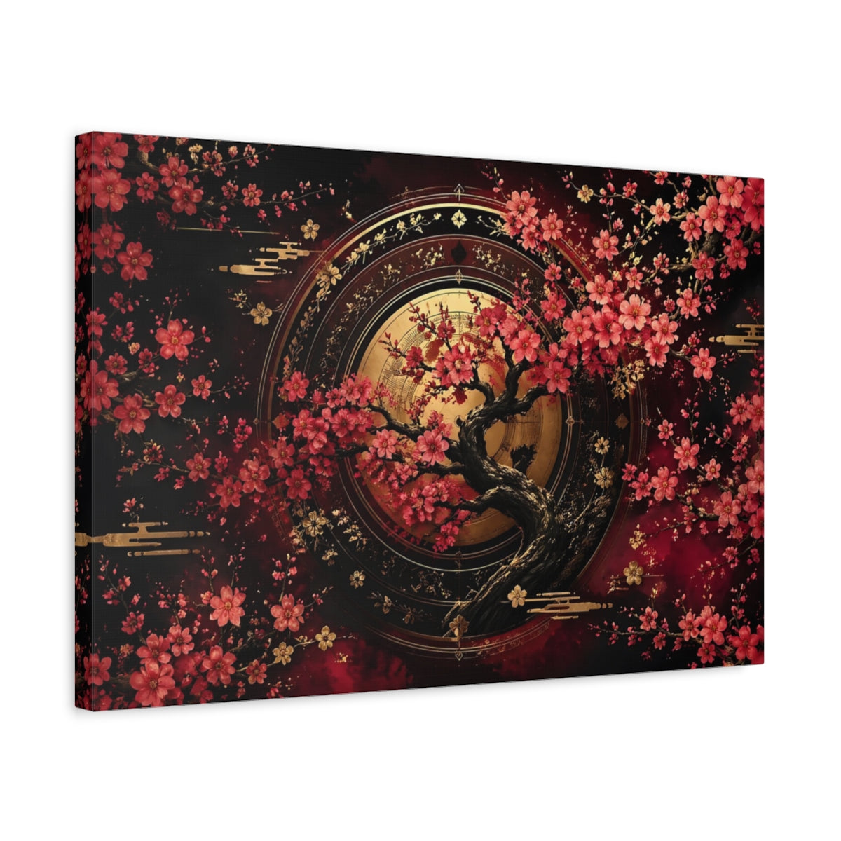 Side Mockup 3. Nature Cherry Blossom Tree Red Gold Floral shown as stretched canvas wall art
