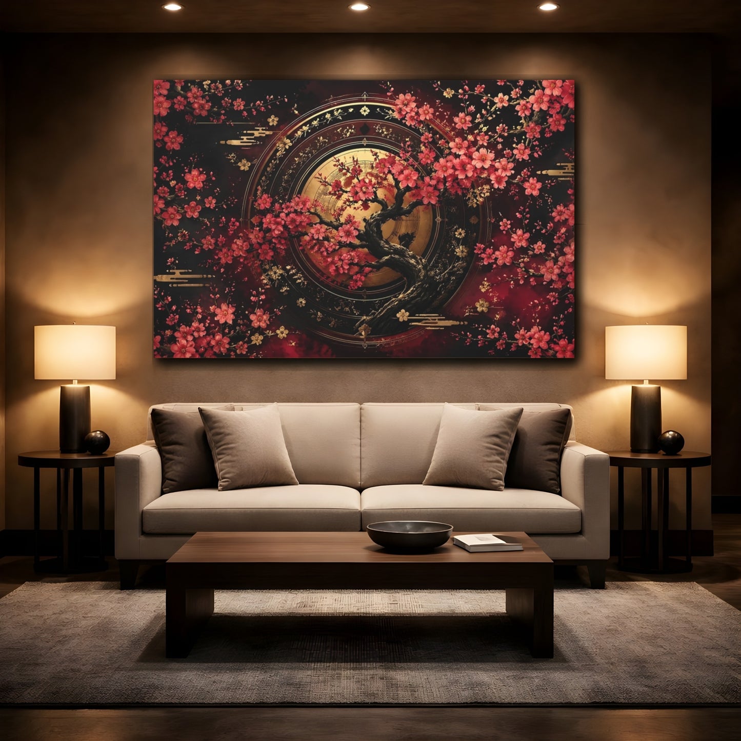 Mockup 2. Nature Cherry Blossom Tree Red Gold Floral shown as stretched canvas wall art