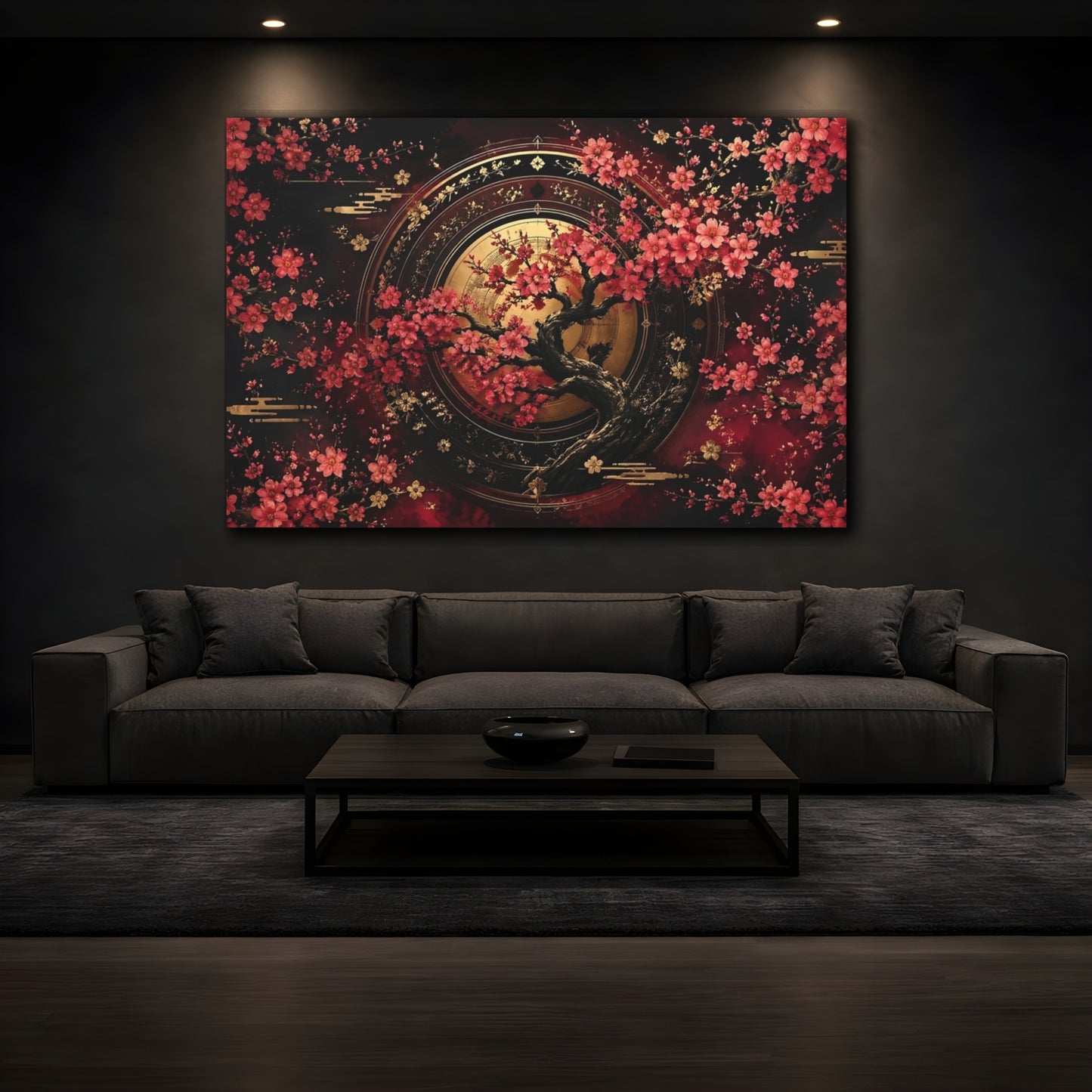 Mockup 3. Nature Cherry Blossom Tree Red Gold Floral shown as stretched canvas wall art