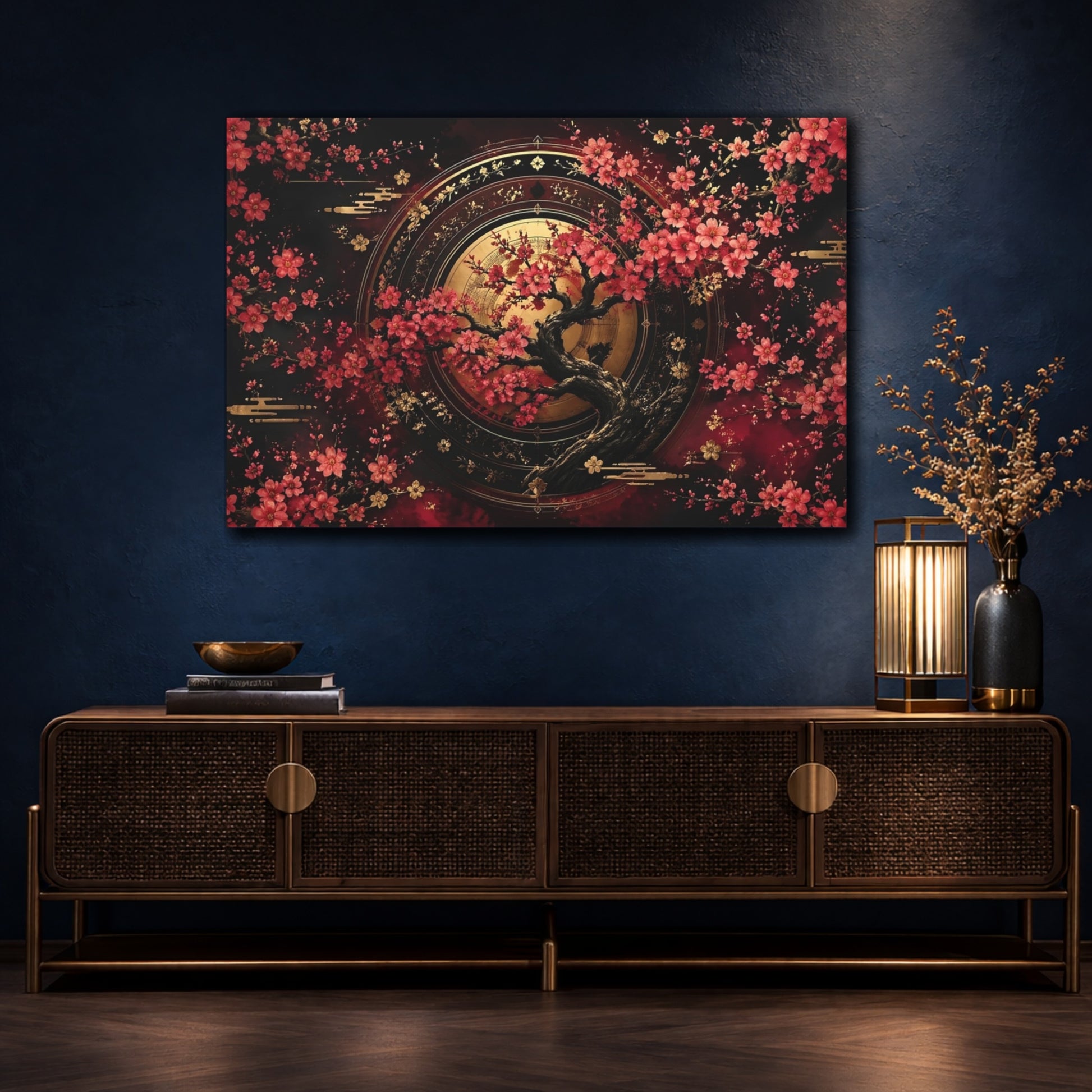 Mockup 4. Nature Cherry Blossom Tree Red Gold Floral shown as stretched canvas wall art