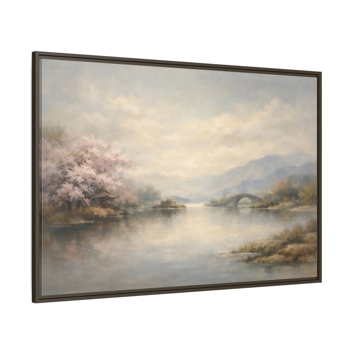 Main Mockup. Nature Cherry Blossoms Misty Lake Landscape shown as stretched canvas wall art