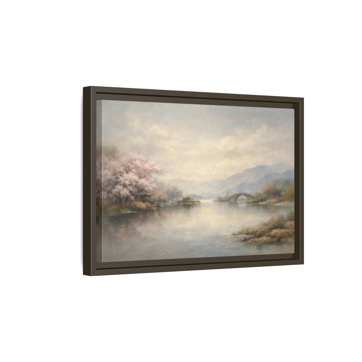 Side Mockup 5. Nature Cherry Blossoms Misty Lake Landscape shown as stretched canvas wall art