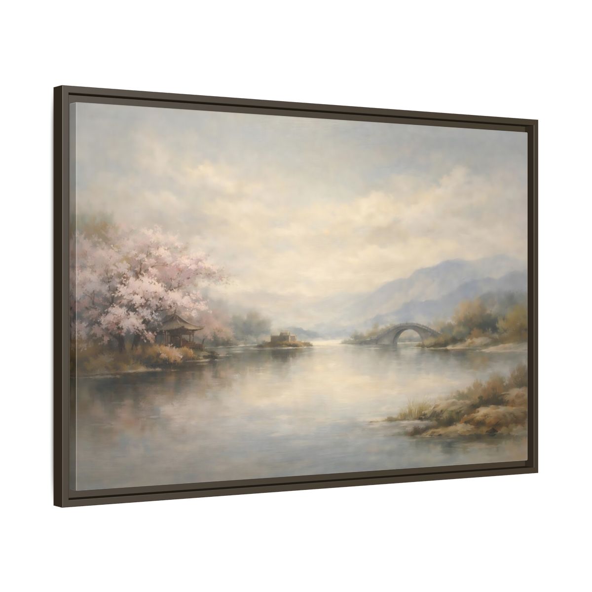 Side Mockup 9. Nature Cherry Blossoms Misty Lake Landscape shown as stretched canvas wall art