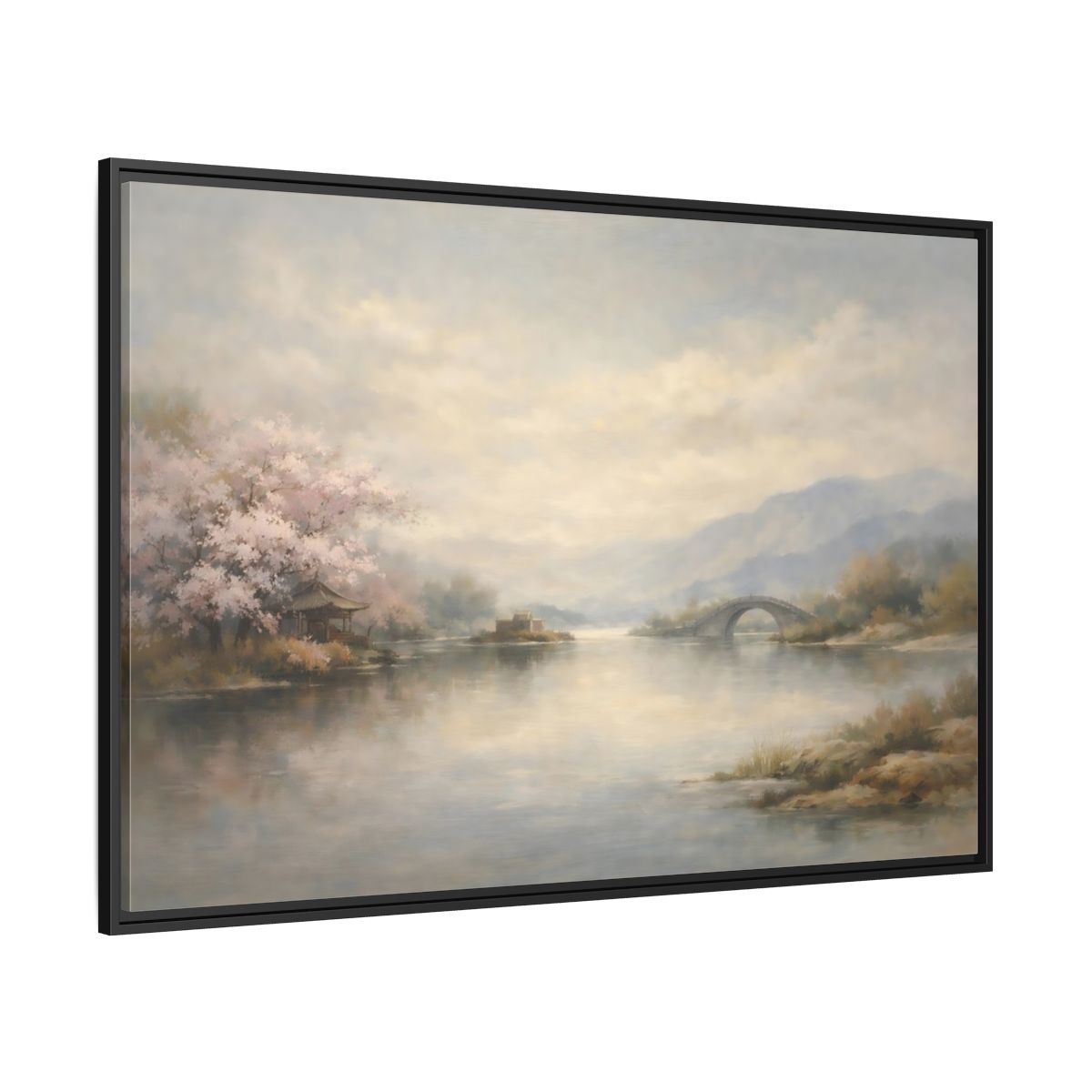 Side Mockup 12. Nature Cherry Blossoms Misty Lake Landscape shown as stretched canvas wall art