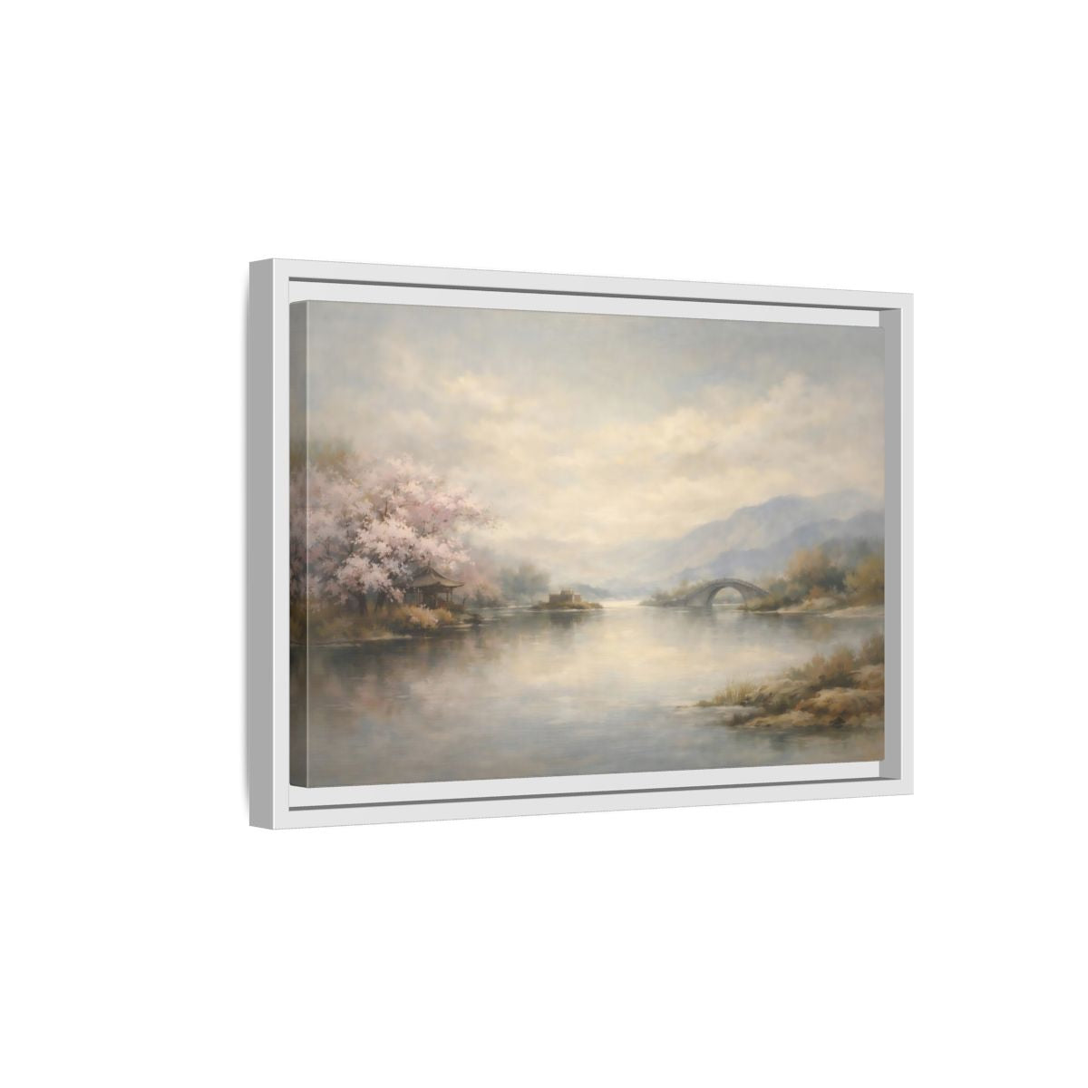 Side Mockup 4. Nature Cherry Blossoms Misty Lake Landscape shown as stretched canvas wall art