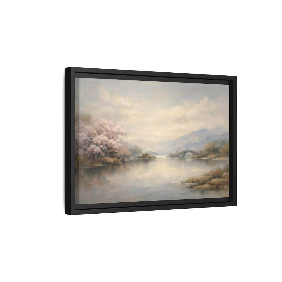 Side Mockup 6. Nature Cherry Blossoms Misty Lake Landscape shown as stretched canvas wall art
