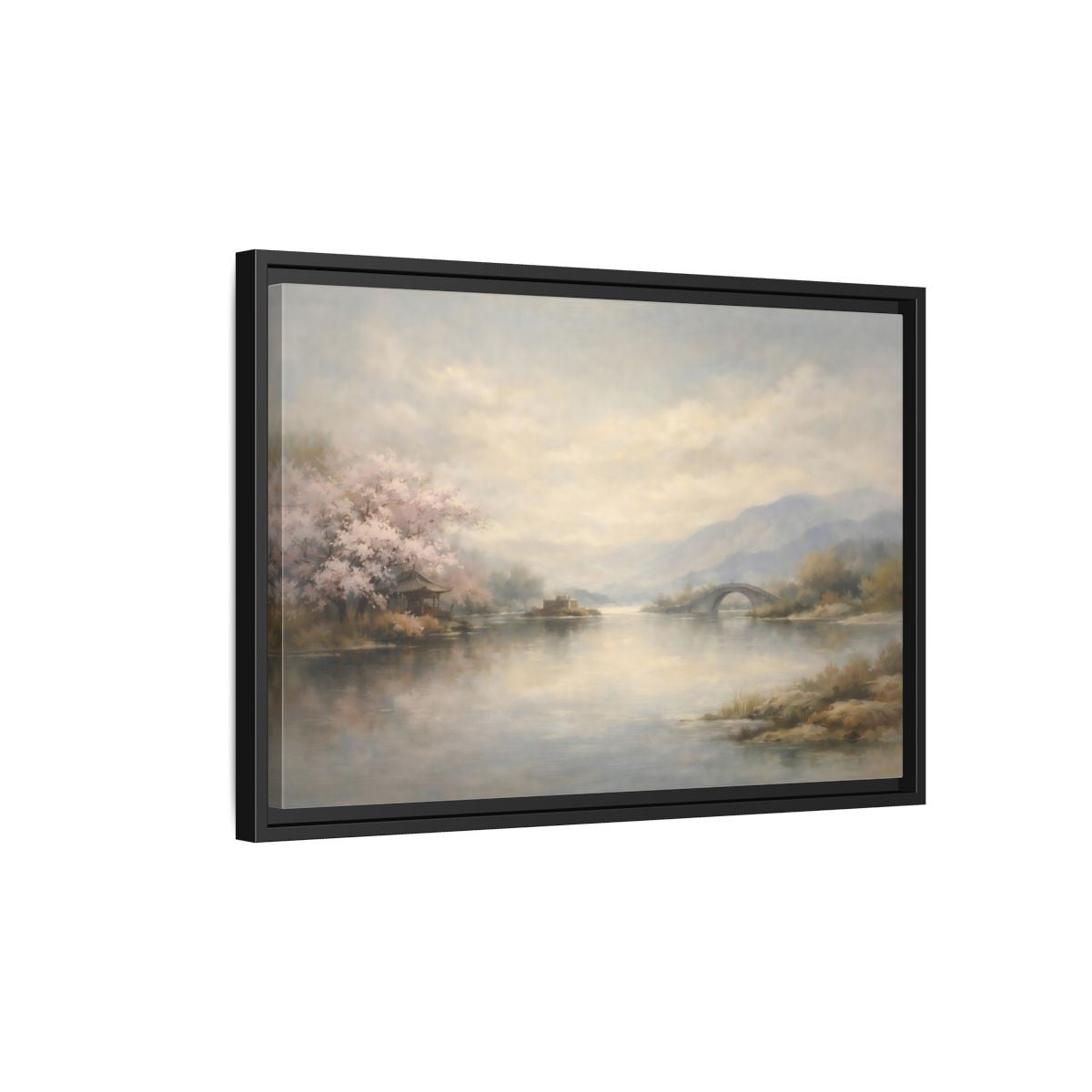 Side Mockup 3. Nature Cherry Blossoms Misty Lake Landscape shown as stretched canvas wall art