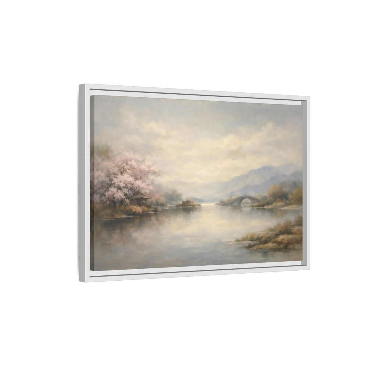 Side Mockup 1. Nature Cherry Blossoms Misty Lake Landscape shown as stretched canvas wall art