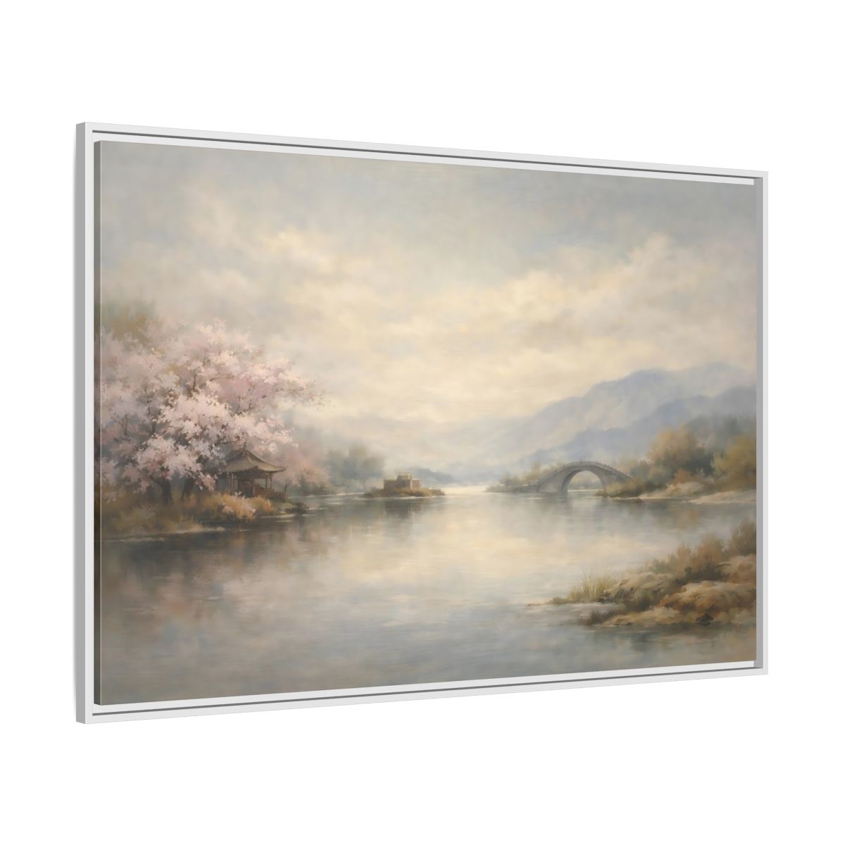 Side Mockup 7. Nature Cherry Blossoms Misty Lake Landscape shown as stretched canvas wall art