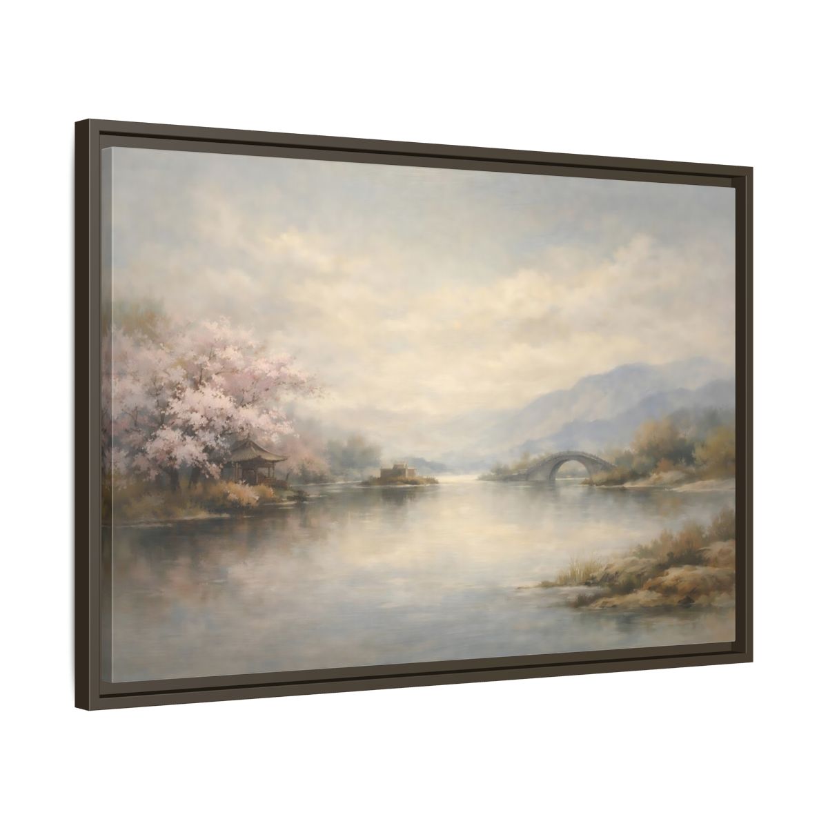 Side Mockup 11. Nature Cherry Blossoms Misty Lake Landscape shown as stretched canvas wall art