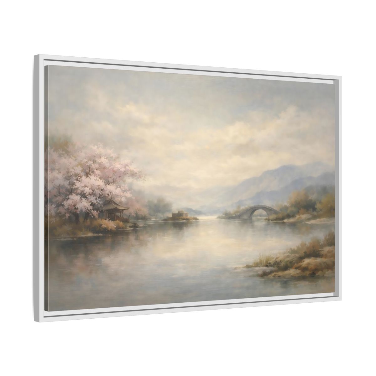 Side Mockup 8. Nature Cherry Blossoms Misty Lake Landscape shown as stretched canvas wall art