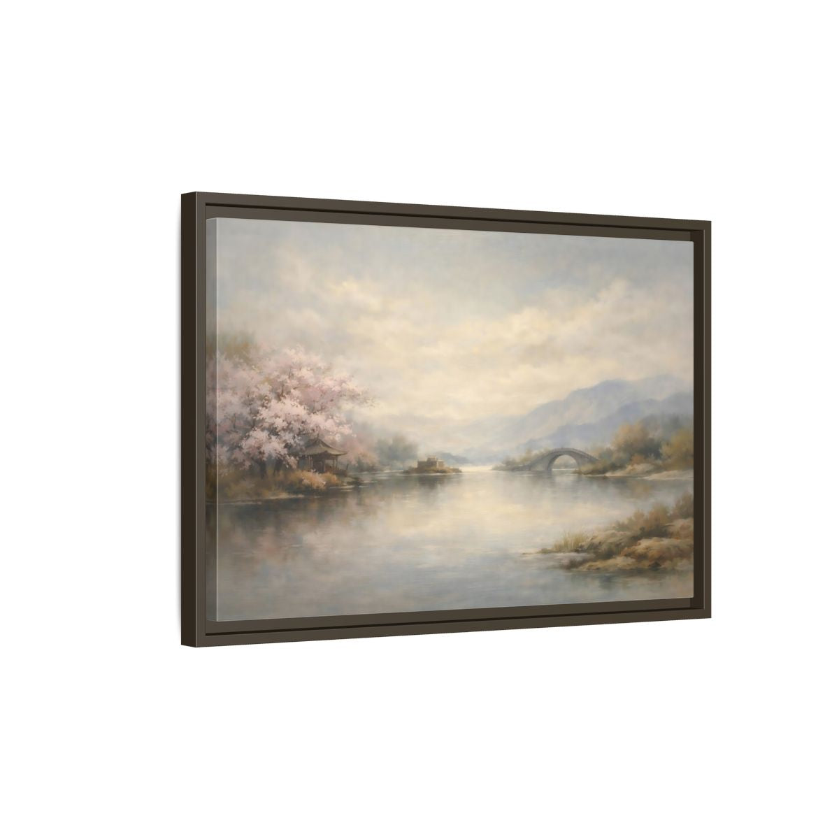 Side Mockup 2. Nature Cherry Blossoms Misty Lake Landscape shown as stretched canvas wall art