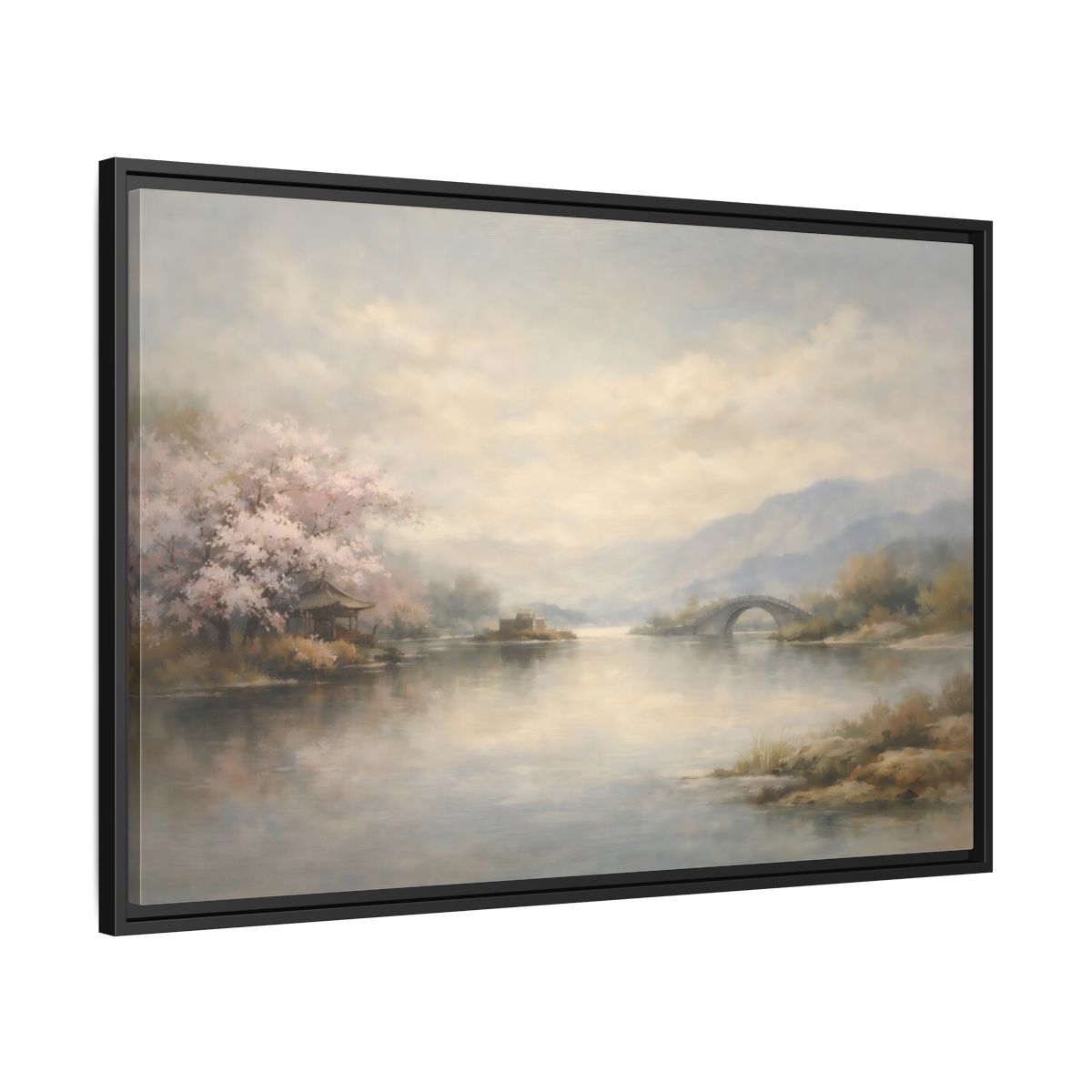 Side Mockup 13. Nature Cherry Blossoms Misty Lake Landscape shown as stretched canvas wall art