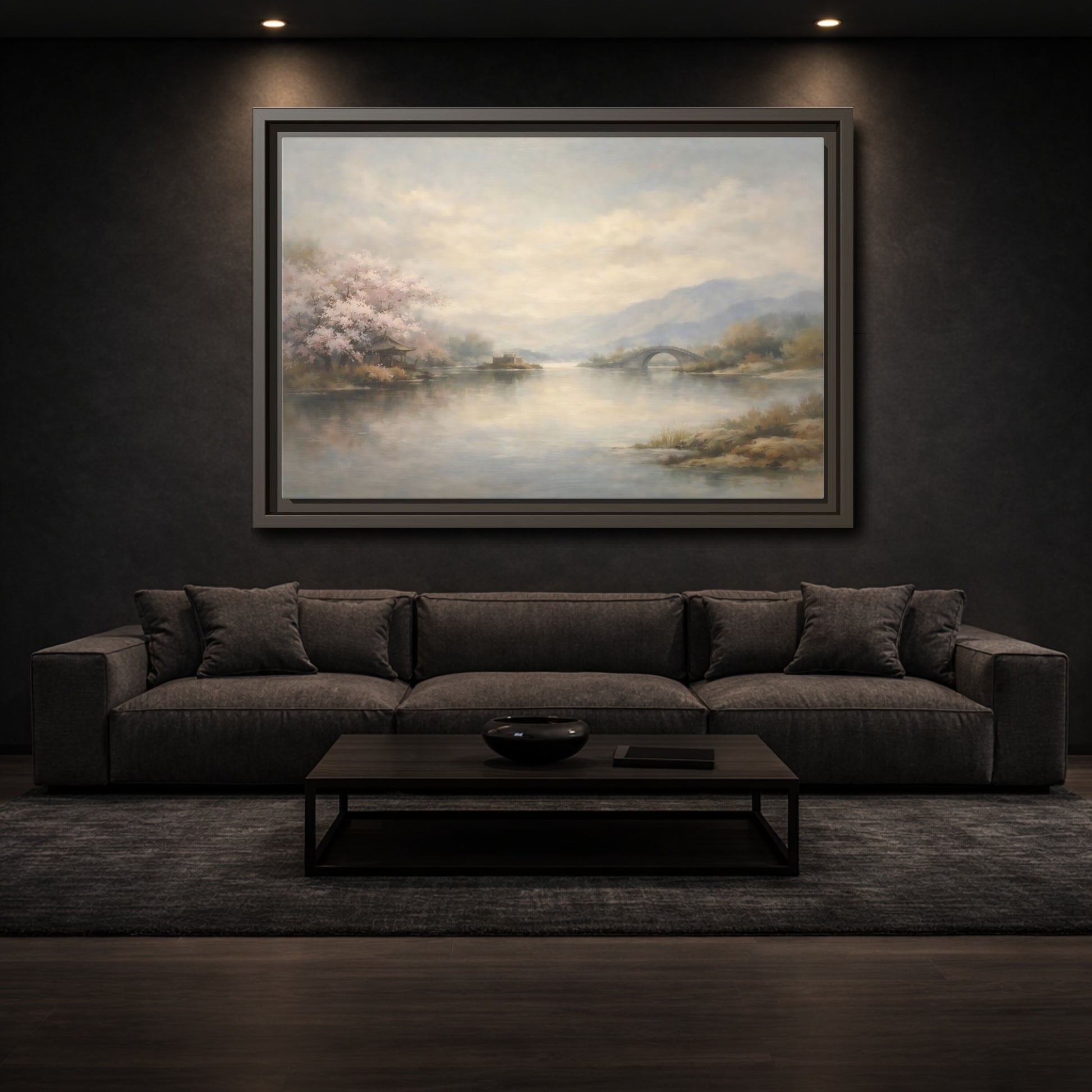 Mockup 2. Nature Cherry Blossoms Misty Lake Landscape shown as stretched canvas wall art