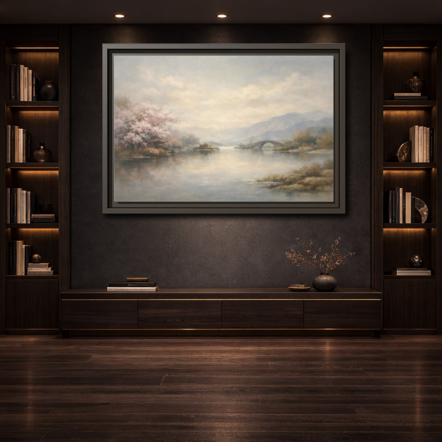 Mockup 3. Nature Cherry Blossoms Misty Lake Landscape shown as stretched canvas wall art