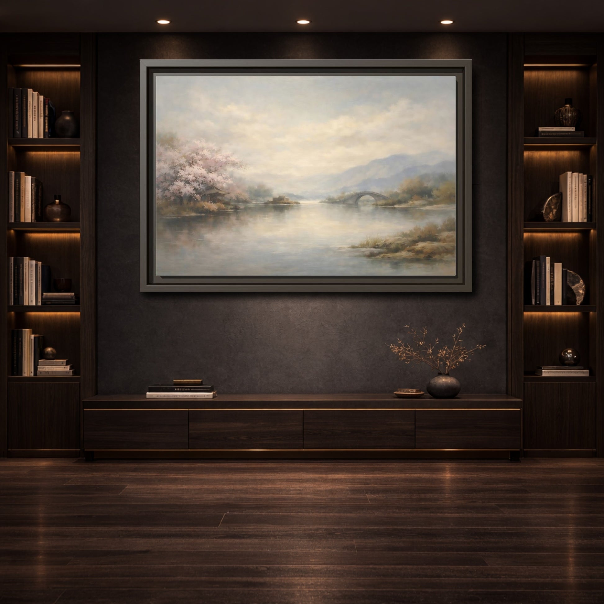 Mockup 3. Nature Cherry Blossoms Misty Lake Landscape shown as stretched canvas wall art