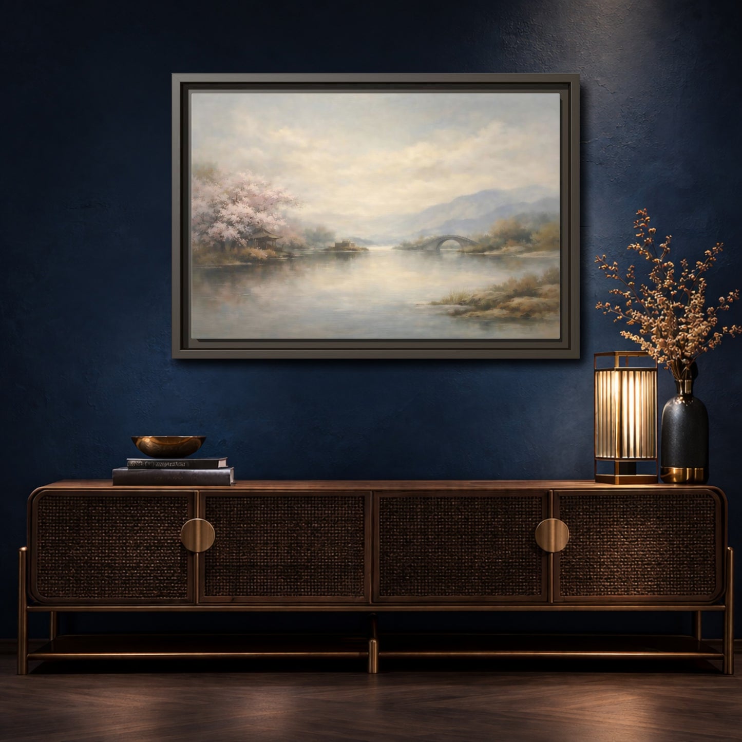 Mockup 4. Nature Cherry Blossoms Misty Lake Landscape shown as stretched canvas wall art