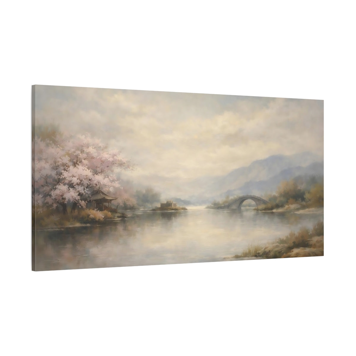 Main Mockup. Nature Cherry Blossoms Pale Pink Landscape shown as stretched canvas wall art