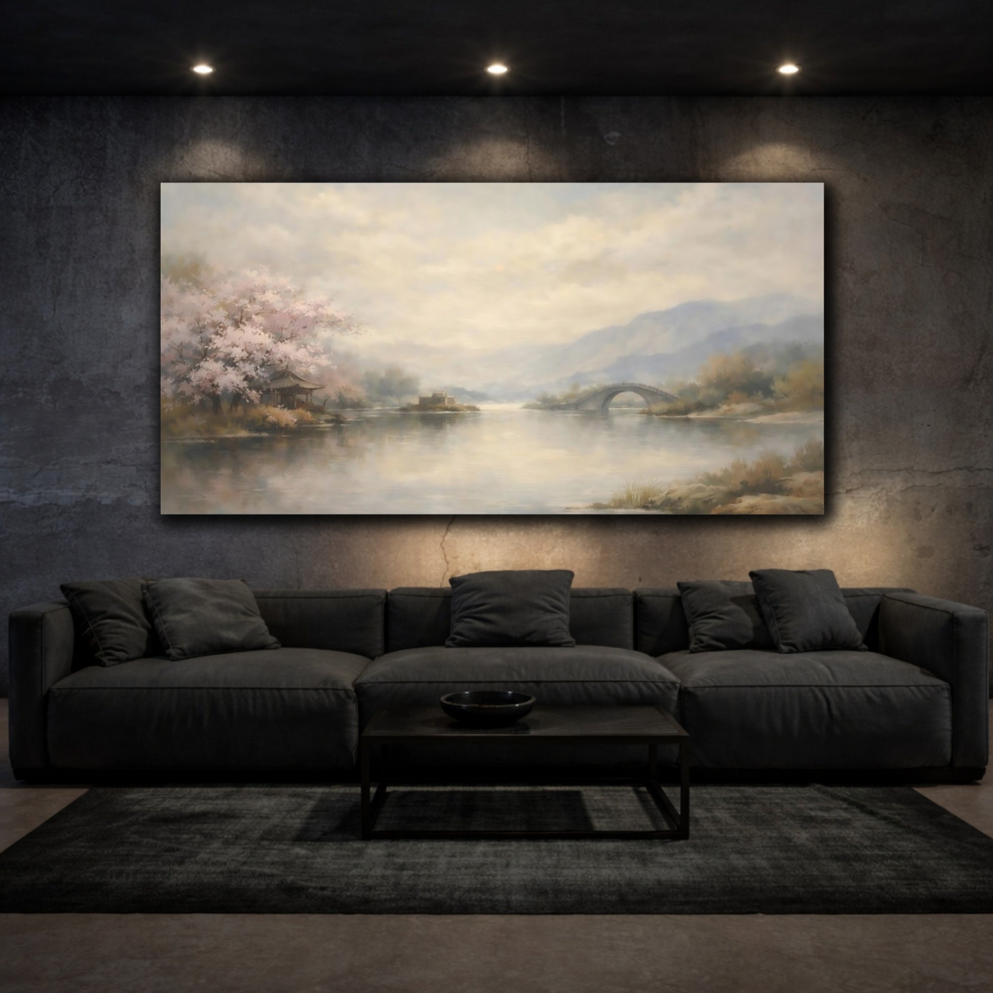 Mockup 2. Nature Cherry Blossoms Pale Pink Landscape shown as stretched canvas wall art