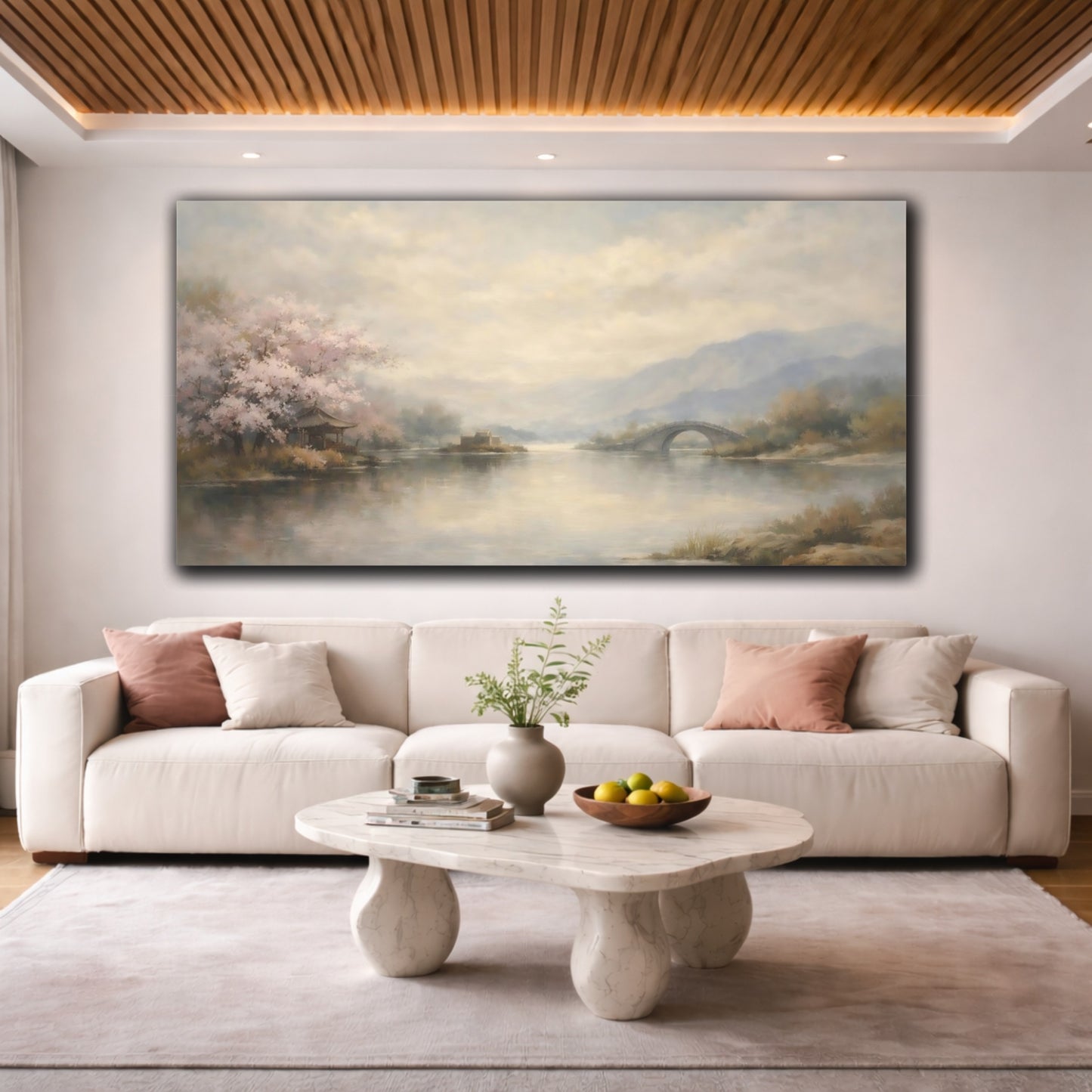 Mockup 3. Nature Cherry Blossoms Pale Pink Landscape shown as stretched canvas wall art