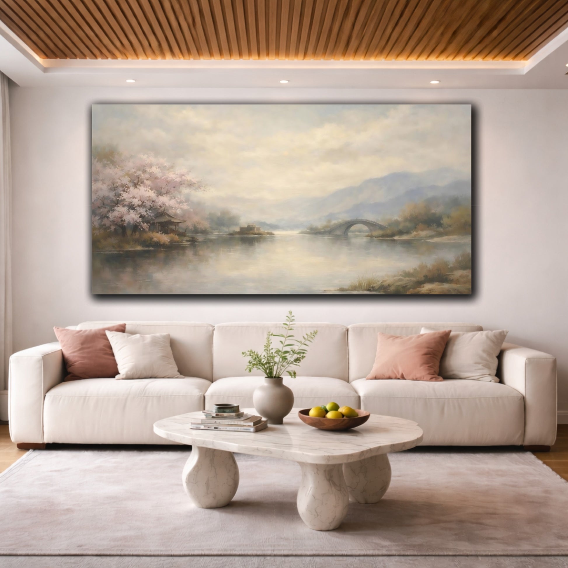 Mockup 3. Nature Cherry Blossoms Pale Pink Landscape shown as stretched canvas wall art
