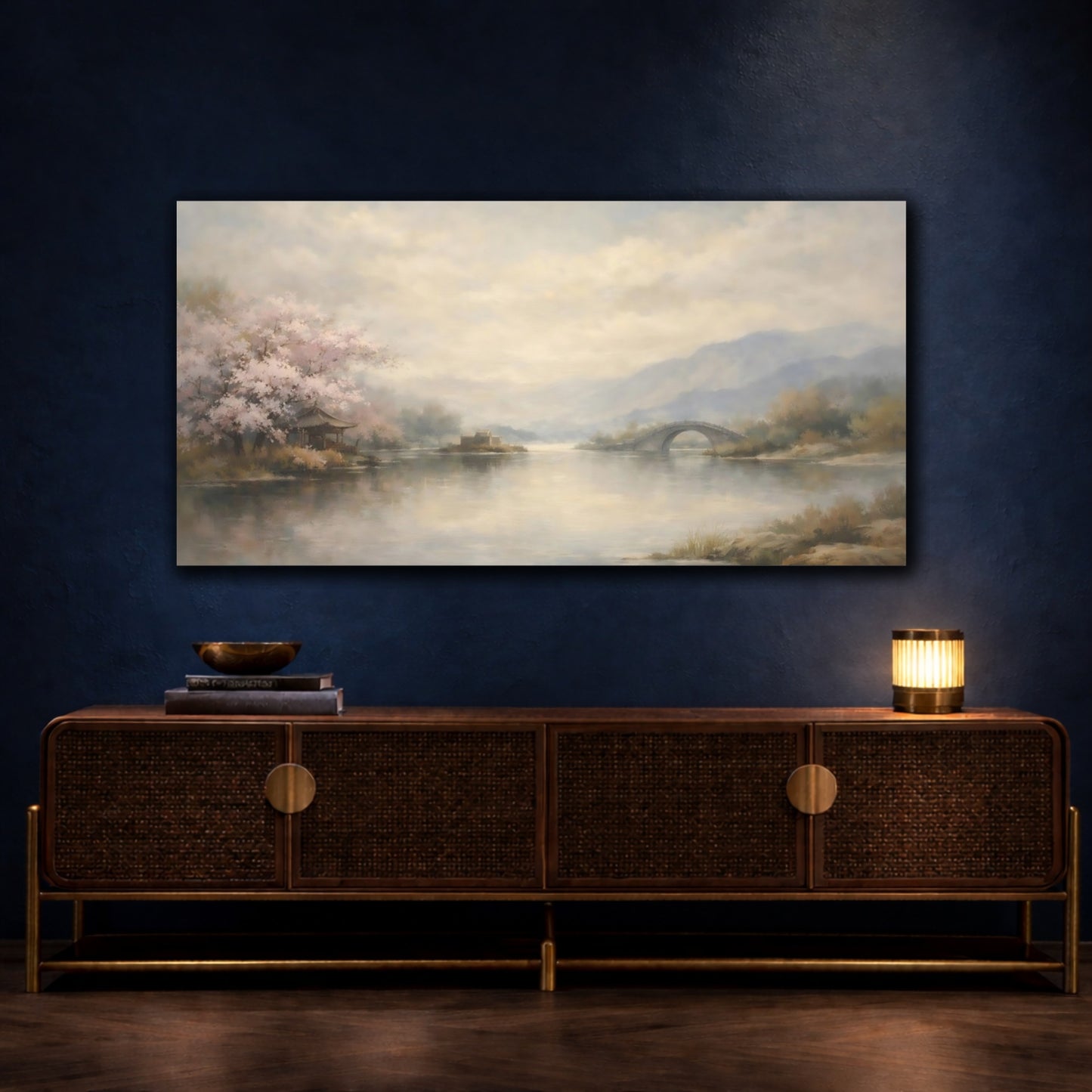 Mockup 4. Nature Cherry Blossoms Pale Pink Landscape shown as stretched canvas wall art
