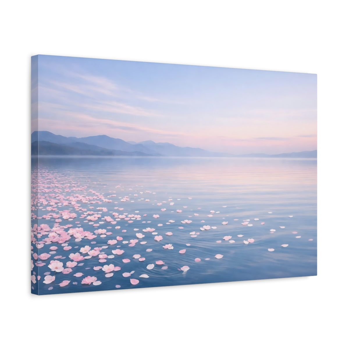 Side Mockup 3. Nature Cherry Blossoms Pink And Blue Lake shown as stretched canvas wall art