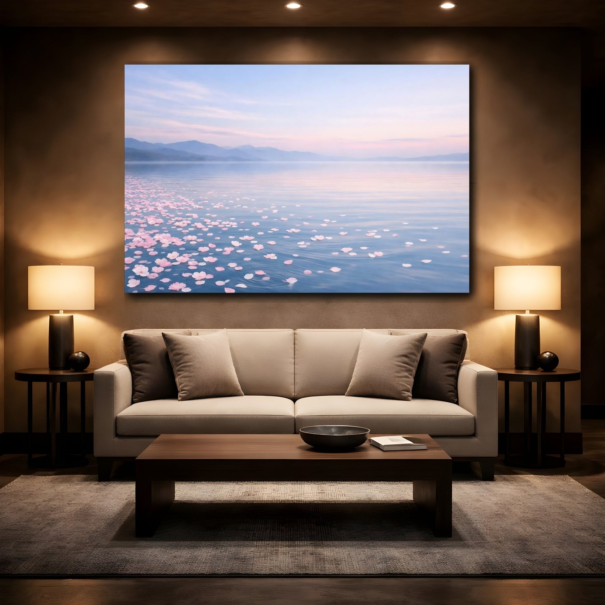 Mockup 2. Nature Cherry Blossoms Pink And Blue Lake shown as stretched canvas wall art