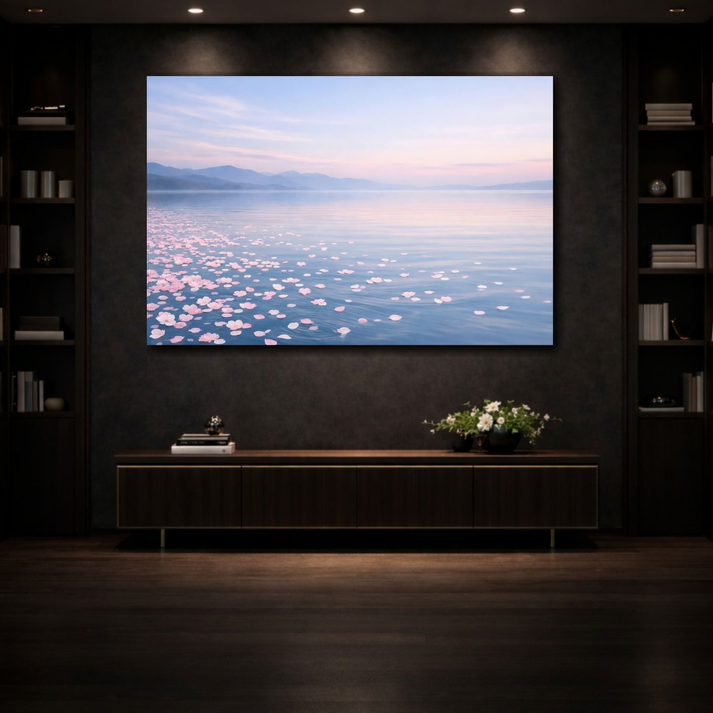 Mockup 3. Nature Cherry Blossoms Pink And Blue Lake shown as stretched canvas wall art