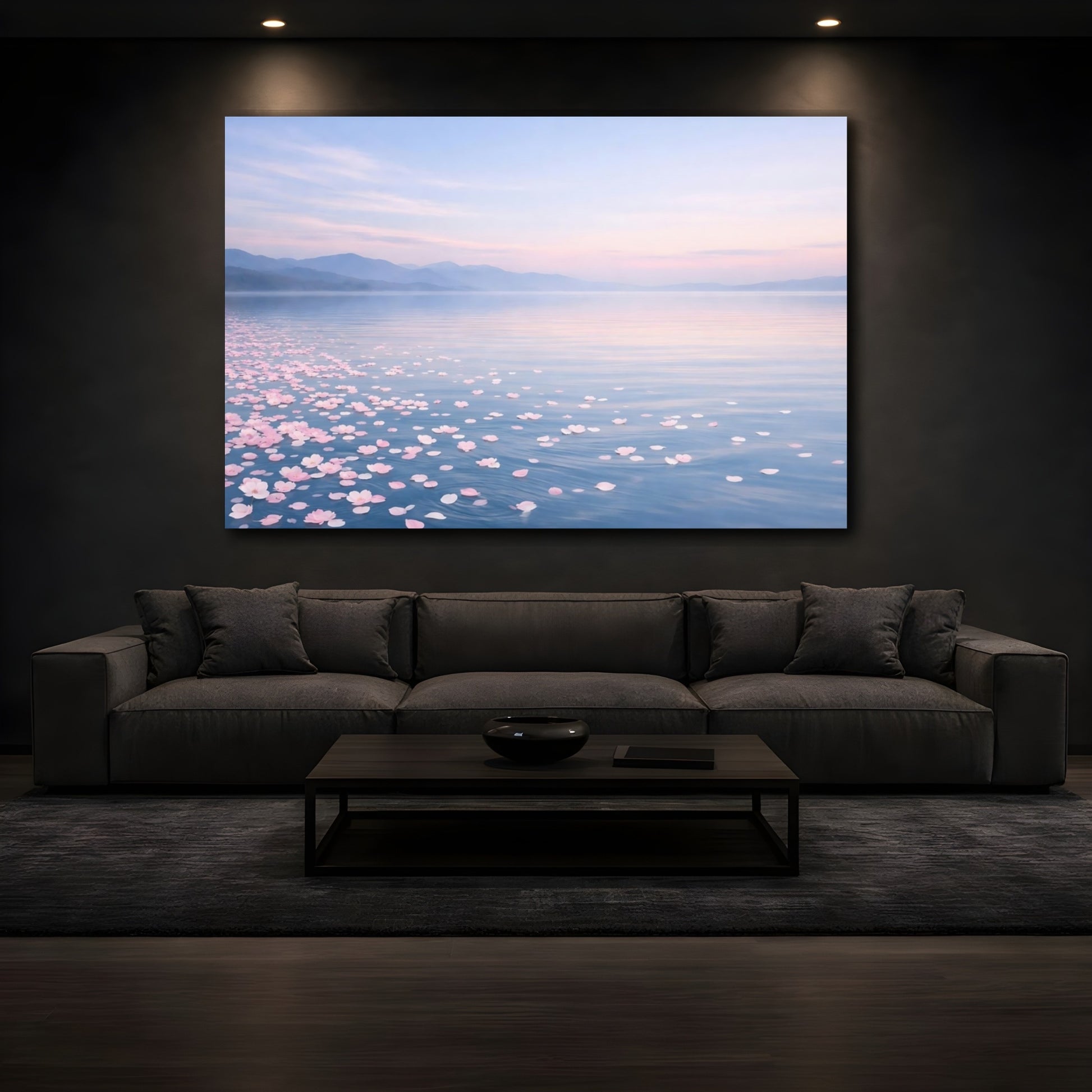 Mockup 4. Nature Cherry Blossoms Pink And Blue Lake shown as stretched canvas wall art